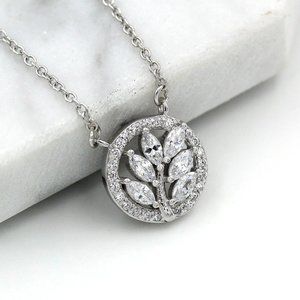 925 Sterling Silver Micro Pave Leaf Disc Necklace, Minimalist, Cubic Zirconia